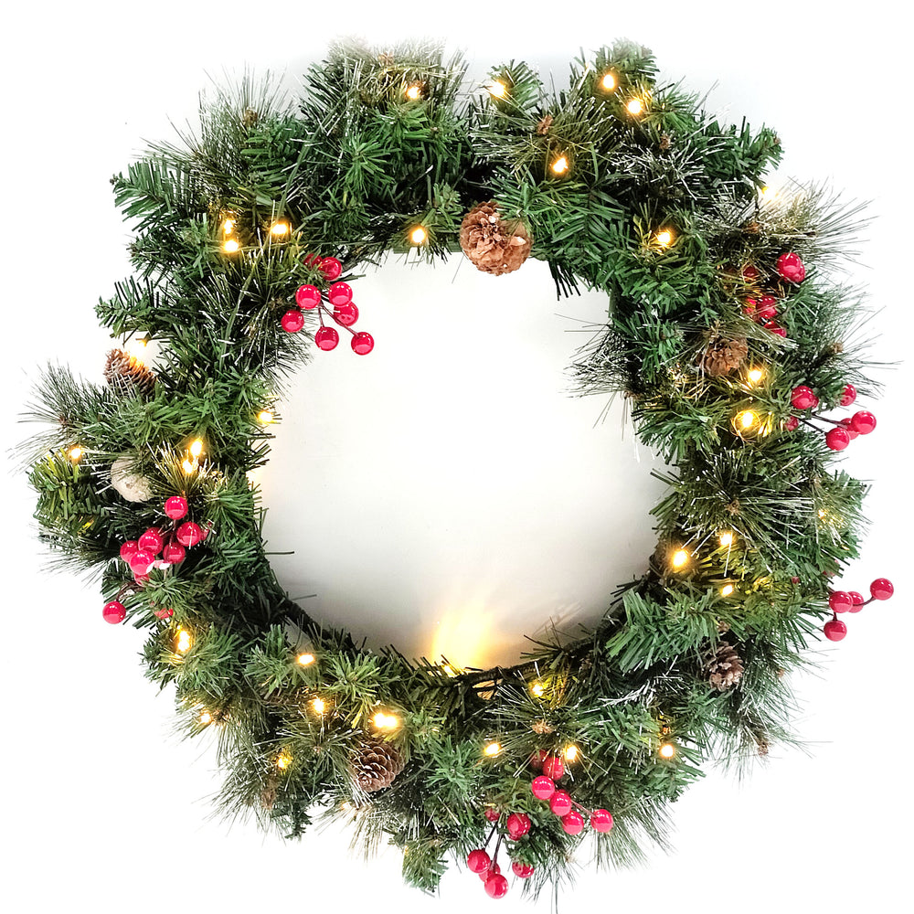 IC ICLOVER Christmas Wreath, Pre-lit Artificial Christmas Wreaths for Front Door Decorated with Pine Cones, Red Berries, Frosted Branches, Wreath with 50 LED Lights for Wall Indoor Outdoor (24inch)