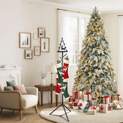 Christmas Stocking Holder Stand with 8 Hooks, Tree-Shaped Freestanding Stocking Holder Stand for Floor, Durable Metal Christmas Stockings Hangers Rack with Reindeer Decoration for Fireplace,Home Room