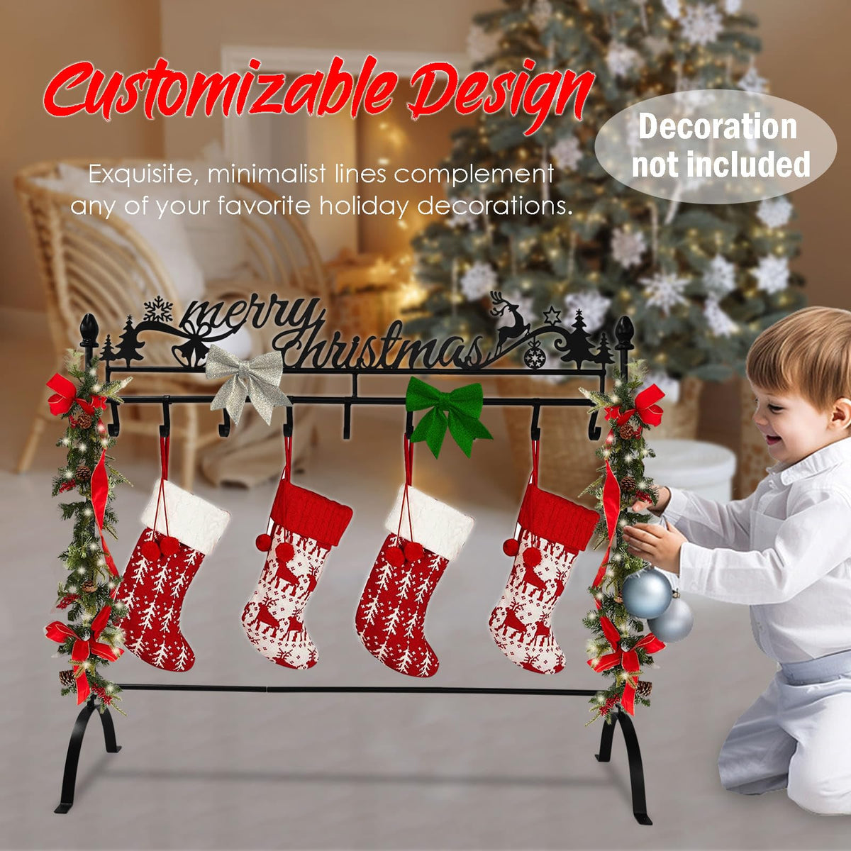 Merry Christmas Stocking Holder Stand — 2.6FT Floor Rack with 10 Hooks