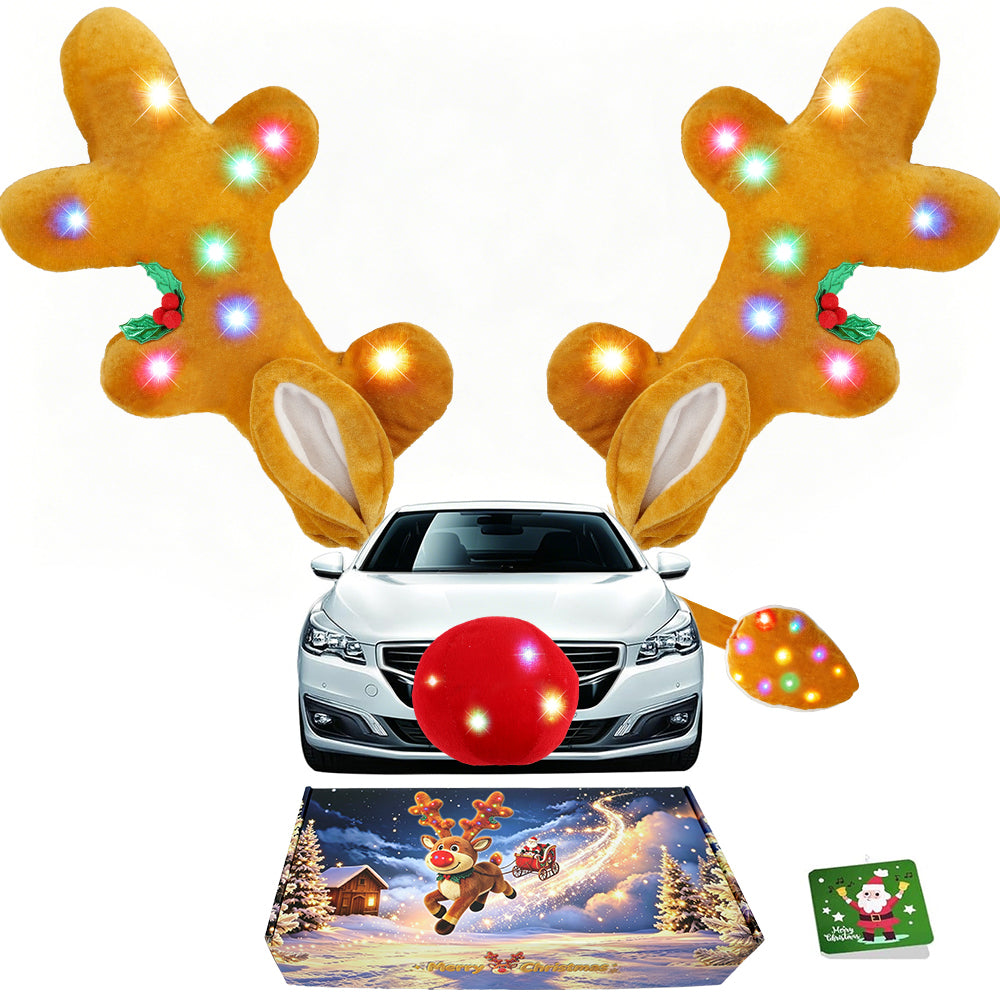 IC ICLOVER LED Reindeer Car Kit - Light Up Christmas Car Decorations, Car Reindeer Antlers & Red Nose & Tail, Car Christmas Decorations Xmas Gifts for Car SUV MPV Van Truck