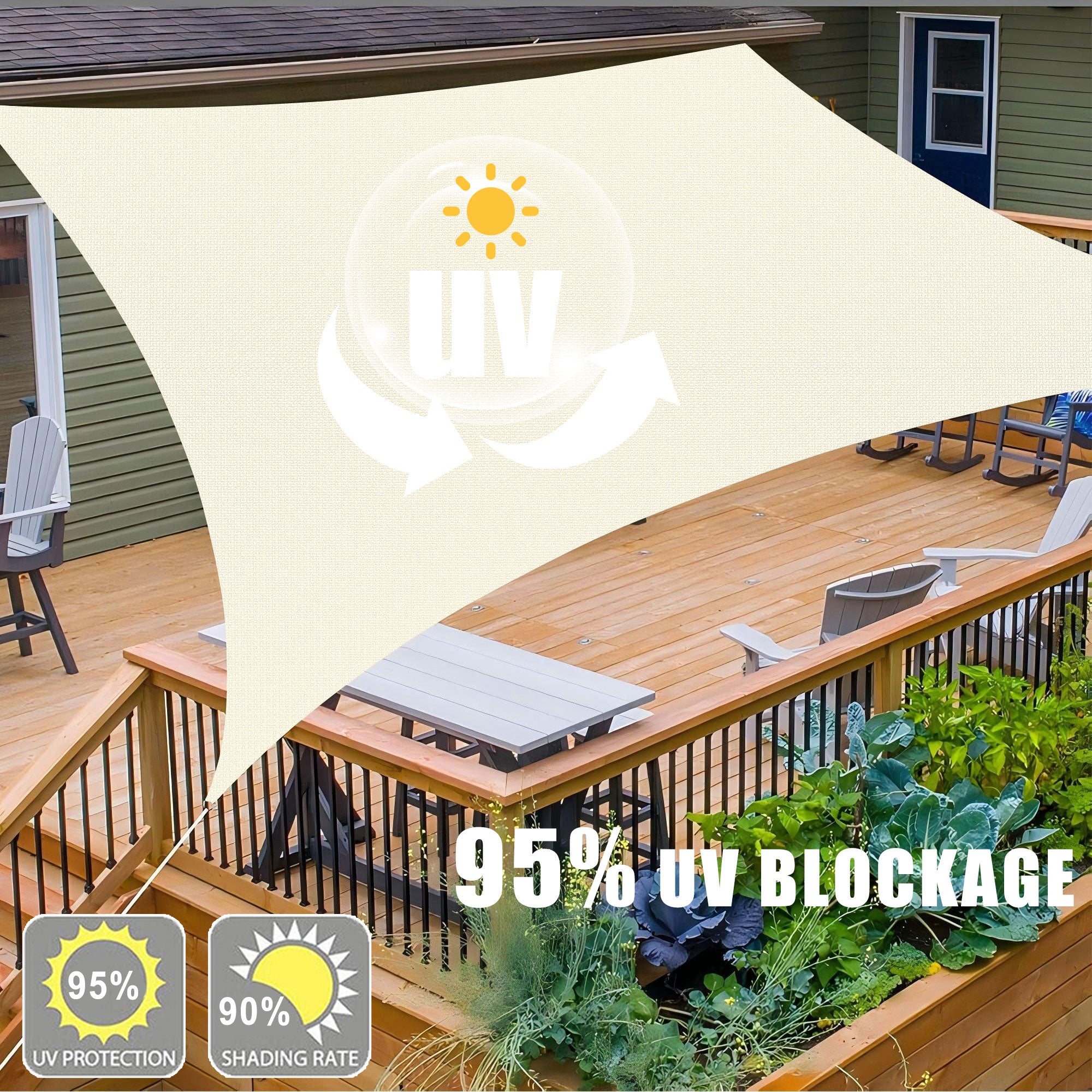 12' x 16' Rectangle Waterproof Sun Shade Sail, Sail Shades Canopy Cloth Shelter Cover, 95% UV Blockage & Water Resistant, Sunshade Awning Canopies Outdoor for Patio Garden Backyard Deck -Cream