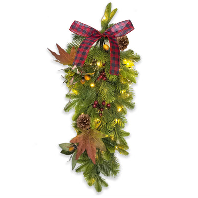 IC ICLOVER Christmas Teardrop Swag, Battery Operated Prelit Christmas Swags with 35 Warm Lights, Christmas Swags for Decorating with Pine Cones Bowknot Maple Leaf, Used for Front Door Indoor Outdoor