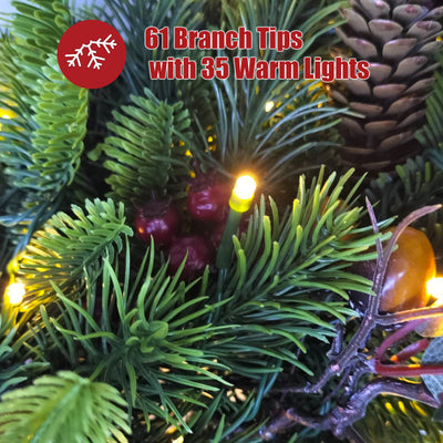 IC ICLOVER Christmas Teardrop Swag, Battery Operated Prelit Christmas Swags with 35 Warm Lights, Christmas Swags for Decorating with Pine Cones Bowknot Maple Leaf, Used for Front Door Indoor Outdoor