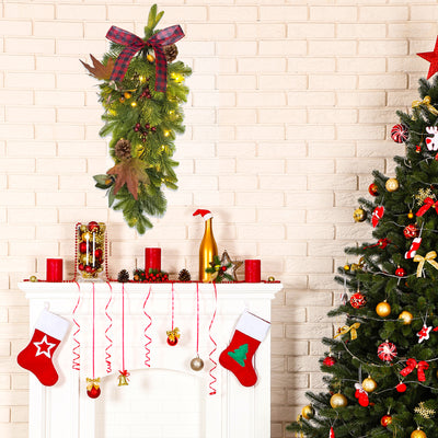 IC ICLOVER Christmas Teardrop Swag, Battery Operated Prelit Christmas Swags with 35 Warm Lights, Christmas Swags for Decorating with Pine Cones Bowknot Maple Leaf, Used for Front Door Indoor Outdoor