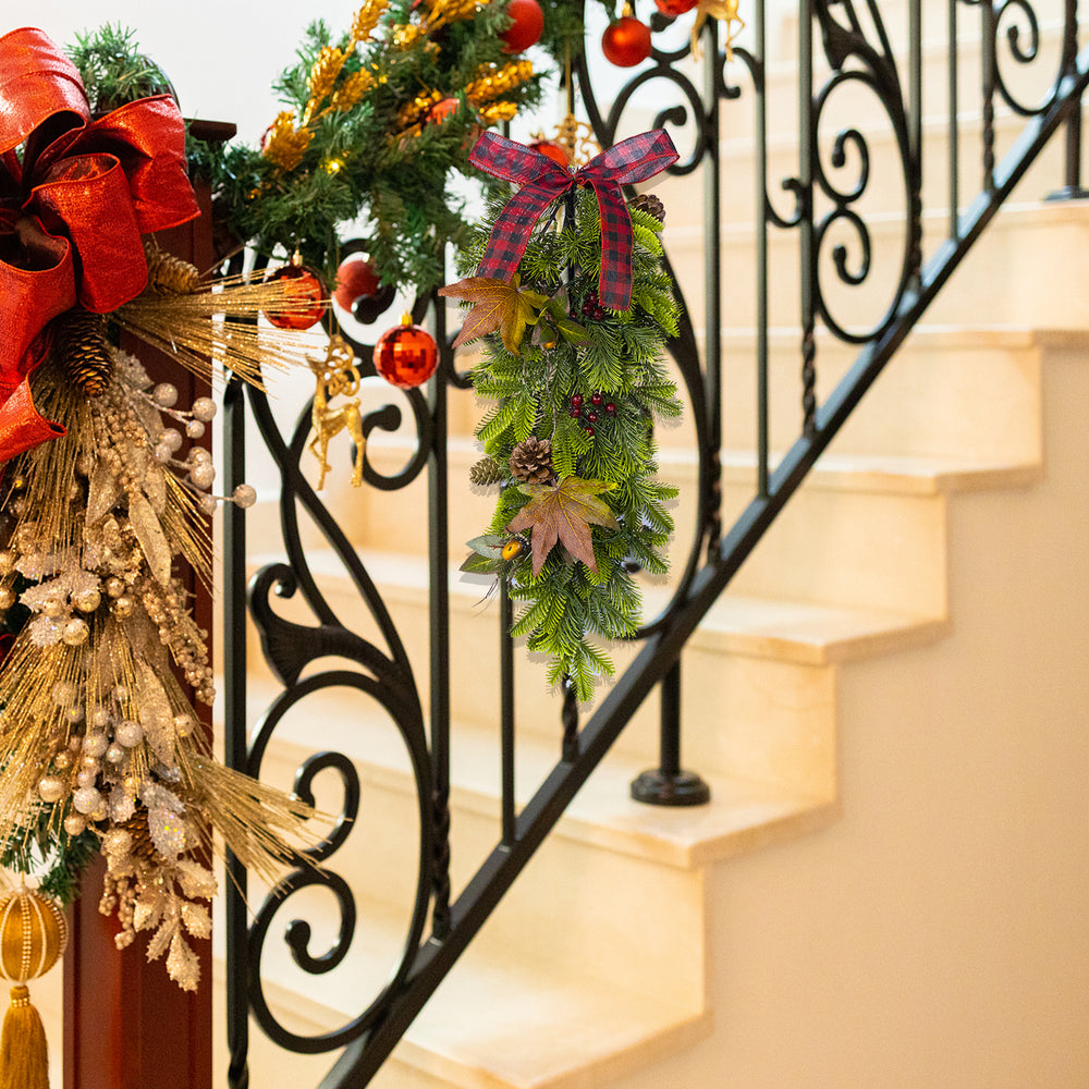 IC ICLOVER Christmas Teardrop Swag, Battery Operated Prelit Christmas Swags with 35 Warm Lights, Christmas Swags for Decorating with Pine Cones Bowknot Maple Leaf, Used for Front Door Indoor Outdoor