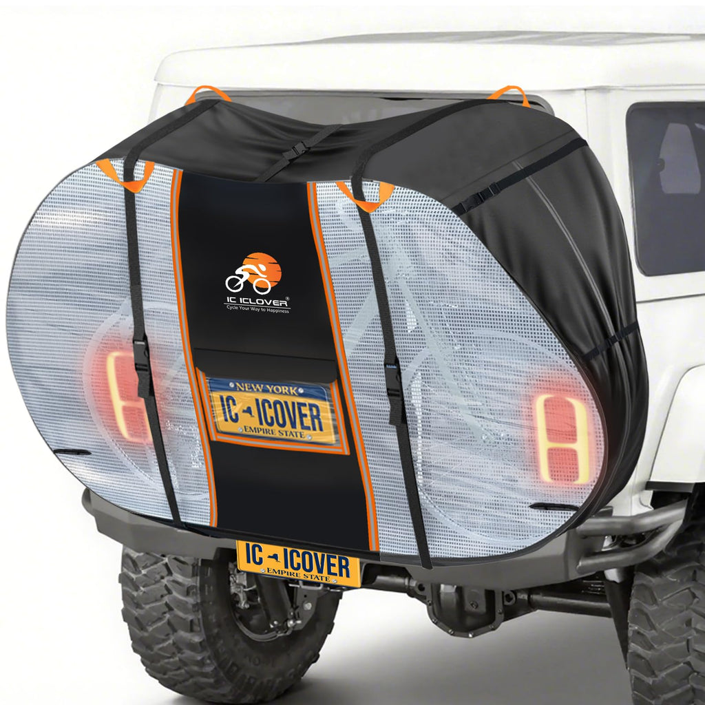 IC ICLOVER Bike Cover for Transport on Rack, Bicycle Covers for 1, 2, 3 Bikes on Rear Bike Rack with Safety Visible Tail Lights Window, 600D Waterproof Outdoor Storage Bike Cover on Hitch Travel for RV SUV
