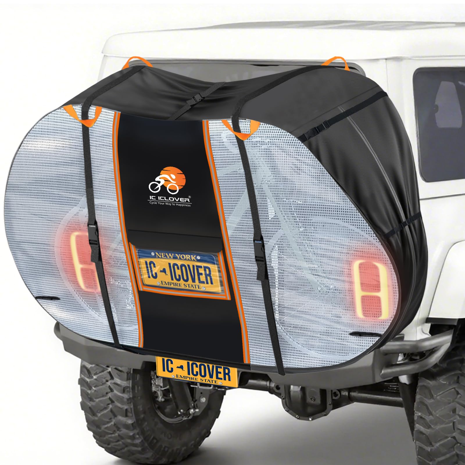 IC ICLOVER Bike Cover for Transport on Rack, Bicycle Covers for 1, 2, 3 Bikes on Rear Bike Rack with Safety Visible Tail Lights Window, 600D Waterproof Outdoor Storage Bike Cover on Hitch Travel for RV SUV