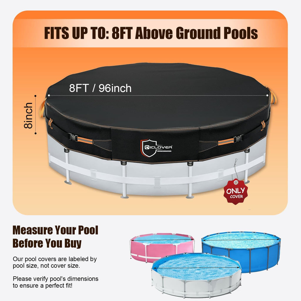 IC ICLOVER Round Pool Covers for Above Ground Pools, 500D Heavy Duty Solar Pool Cover Waterproof Protector Tarp with Super Windproof Gel-Coated Straps, Prevent Leaves Dust Debris UV Resistant