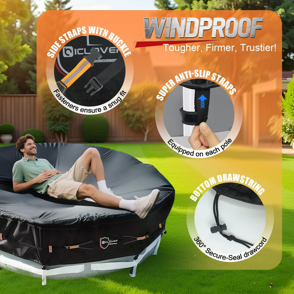 IC ICLOVER Round Pool Covers for Above Ground Pools, 500D Heavy Duty Solar Pool Cover Waterproof Protector Tarp with Super Windproof Gel-Coated Straps, Prevent Leaves Dust Debris UV Resistant
