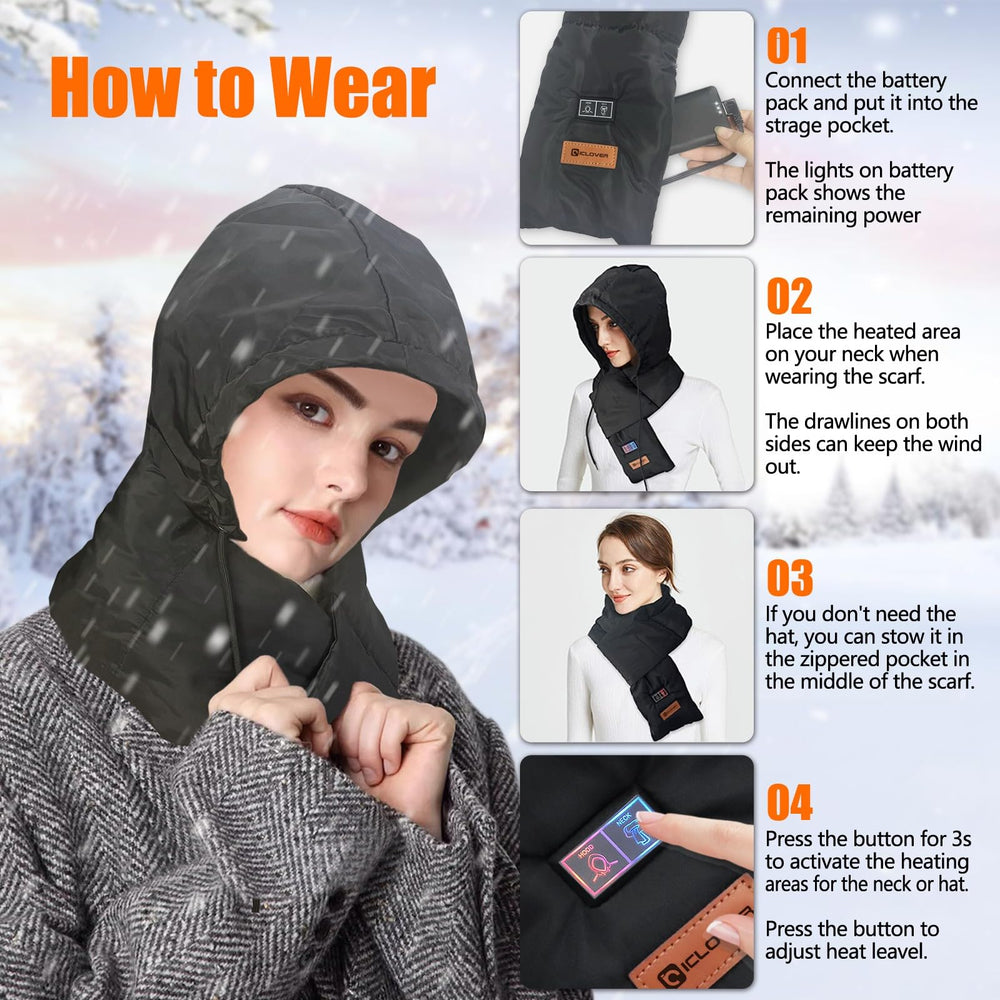 IC ICLOVER Heated Scarf, Rechargeable Neck Heating Pad with Foldable Hood, Electric Cordless Neck Warmer Men Women Xmas Gift