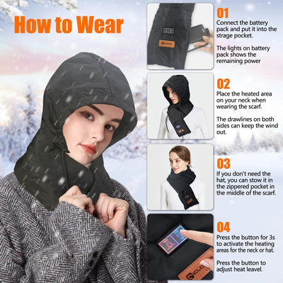 IC ICLOVER Heated Scarf, Rechargeable Neck Heating Pad with Foldable Hood, Electric Cordless Neck Warmer Men Women Xmas Gift