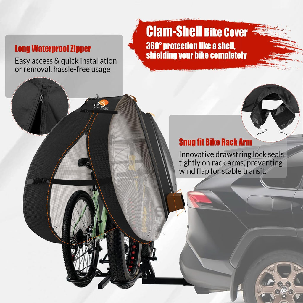 IC ICLOVER Bike Cover for Transport on Rack, Bicycle Covers for 1, 2, 3 Bikes on Rear Bike Rack with Safety Visible Tail Lights Window, 600D Waterproof Outdoor Storage Bike Cover on Hitch Travel for RV SUV
