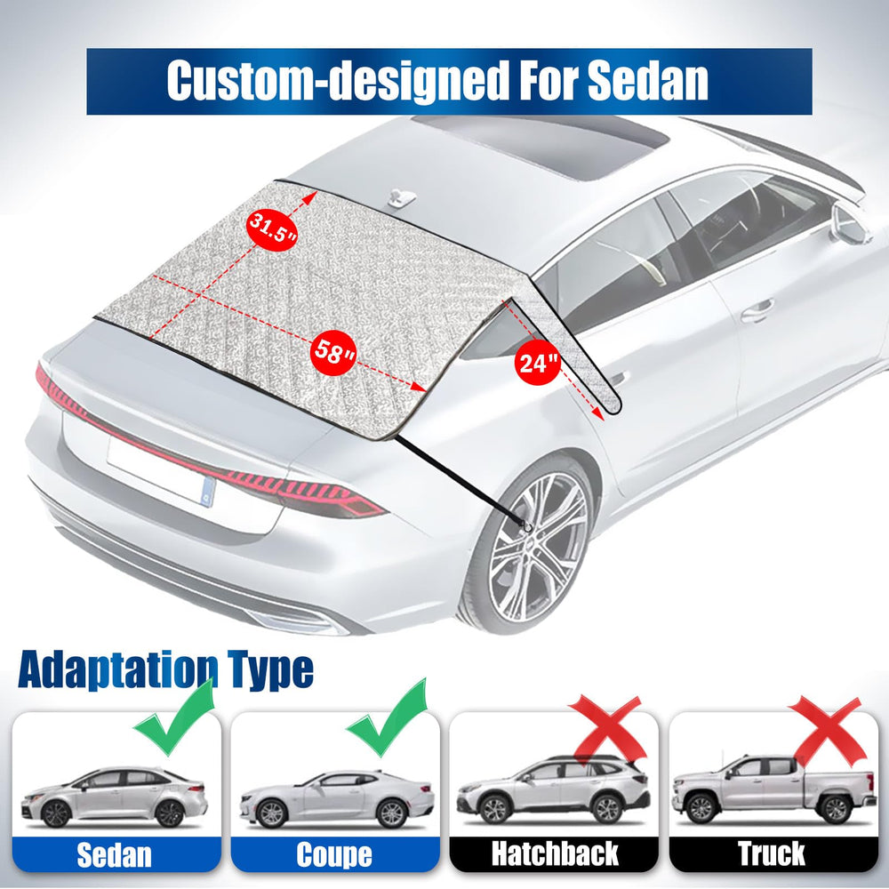 IC ICLOVER Car Rear Windshield Cover, 4-Layer Waterproof Back Window Protector for Ice and Snow Sun UV Rays Dust, Winter Hail Frost Shield, with Windproof Strap - Fits Most Sedans, SUV | Medium