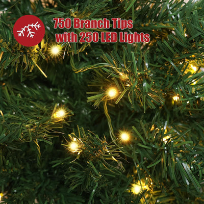 IC ICLOVER 6.5FT Prelit Artificial Christmas Tree, Xmas Tree with 250 White LED Lights for Home Party Holiday Decoration, Full Christmas Tree with 750 Branch Tips & Stand Metal Hinges