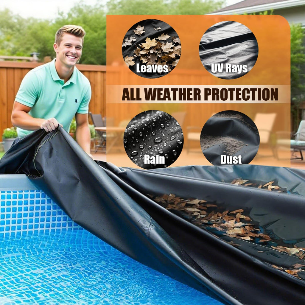IC ICLOVER Round Pool Covers for Above Ground Pools, 500D Heavy Duty Solar Pool Cover Waterproof Protector Tarp with Super Windproof Gel-Coated Straps, Prevent Leaves Dust Debris UV Resistant