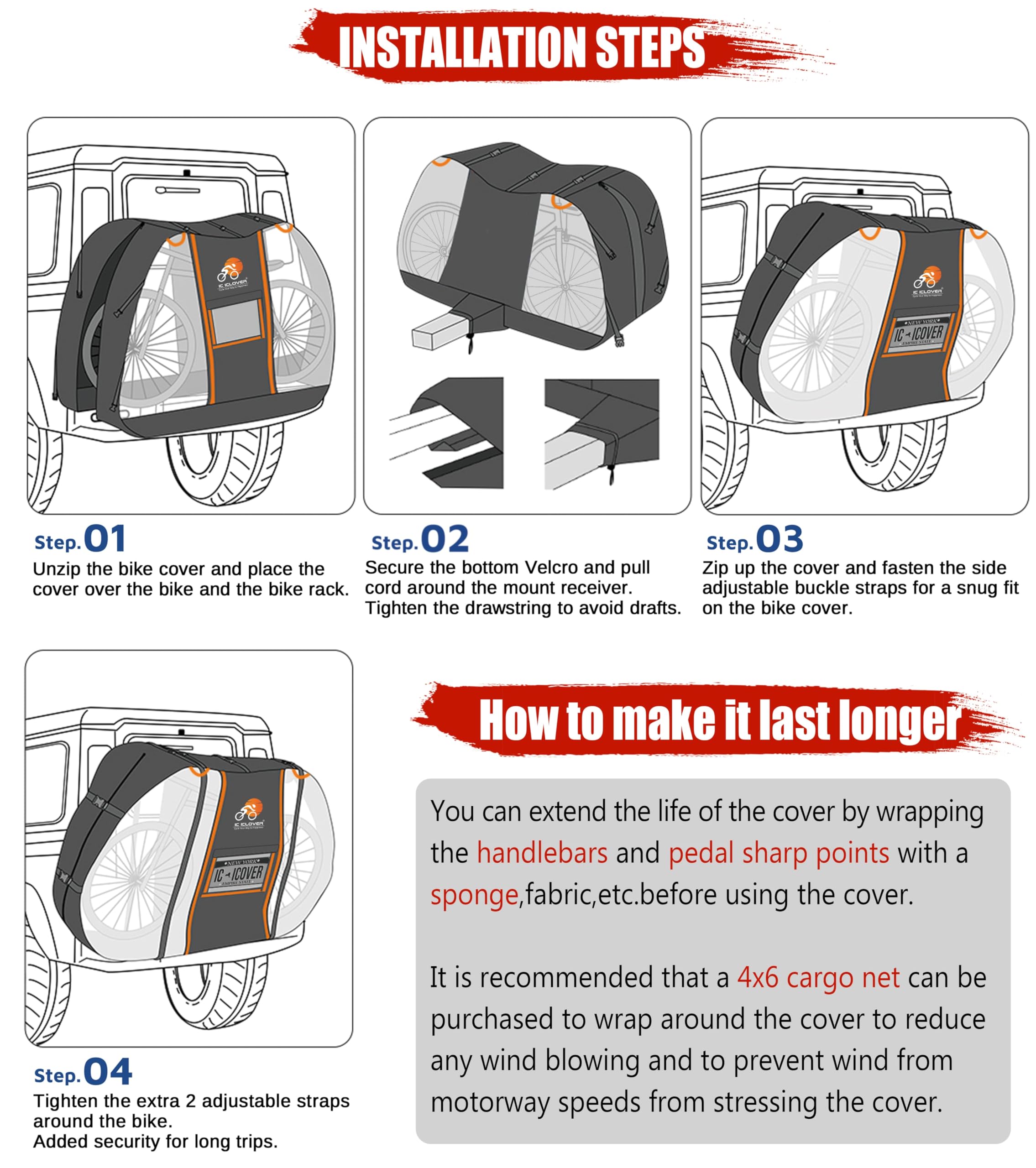 IC ICLOVER Bike Cover for Transport on Rack, Bicycle Covers for 1, 2, 3 Bikes on Rear Bike Rack with Safety Visible Tail Lights Window, 600D Waterproof Outdoor Storage Bike Cover on Hitch Travel for RV SUV