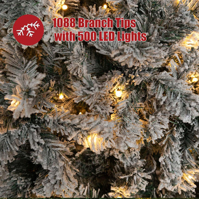 IC ICLOVER 7.5FT Snow Flocked Christmas Tree, White Prelit Christmas Trees with 500 LED Lights, Snowy Flocked Xmas Tree with 1,088 Branches&Storage Bag, Easy Assembly for Home Outdoor Party Decoration