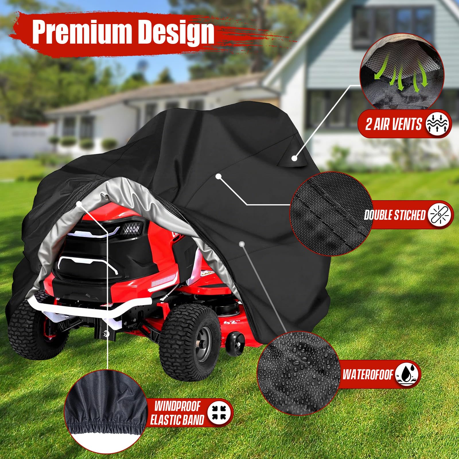 IC ICLOVER Riding Lawn Mower Cover, Universal Fits Decks up to 54", 600D Heavy Duty Waterproof Lawn Tractor Cover, Outdoor Protection Against UV, Dust, Wind, Ride-on Mower Tractor Storage with Elastic Hem