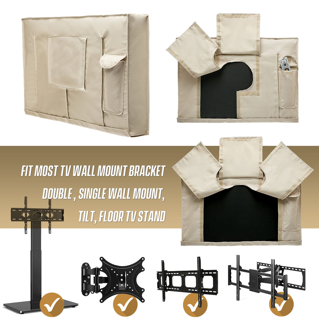 Outdoor TV Cover - Beige Weatherproof TV Screen Protector with Zipper & Remote Control Pocket