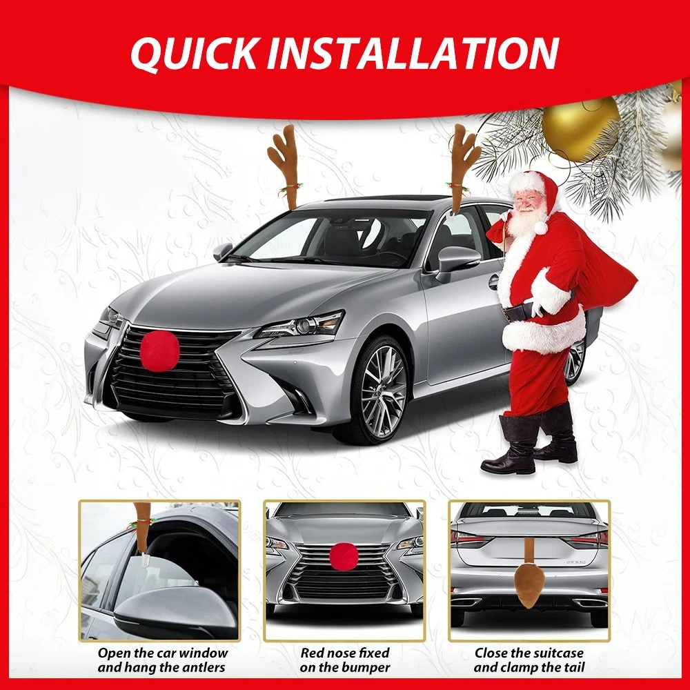 Reindeer Antlers for Cars, Christmas Reindeer Car Kit with Red Nose & Tail