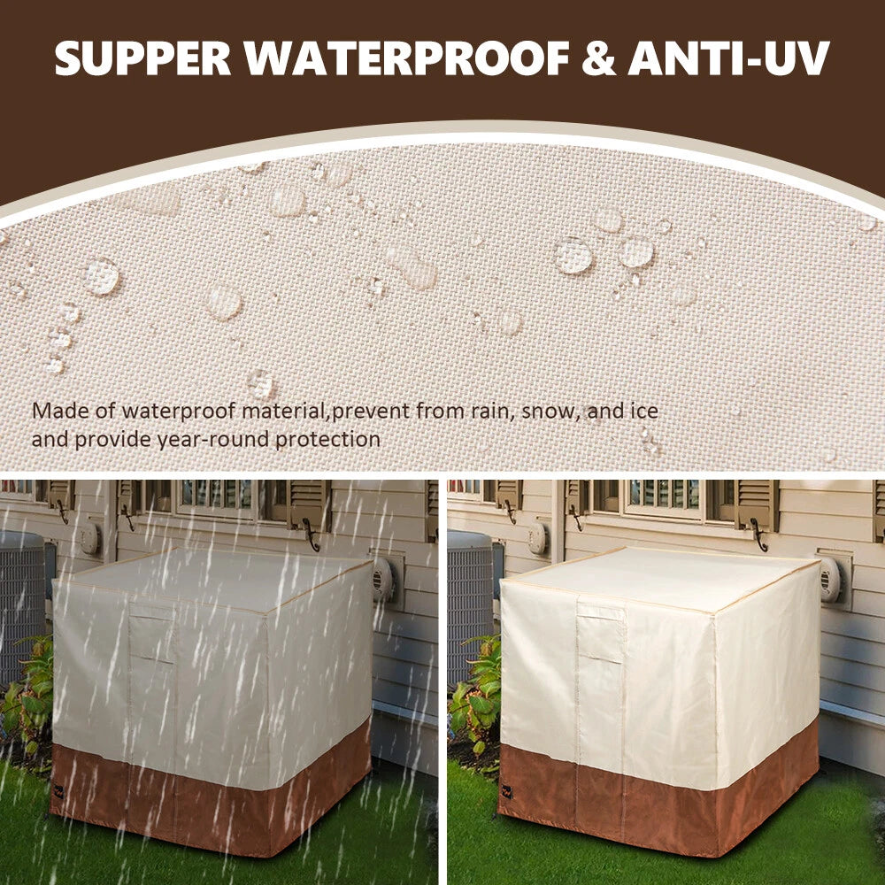 Air Conditioner Cover for Outside Units, Heavy Duty 210D Oxford Durable Waterproof UV-resistant Central Unit AC Cover with Drawstring, Air Vents&Velcro Edge Design-Fits up to 35"Lx35"Wx31"H -Beige