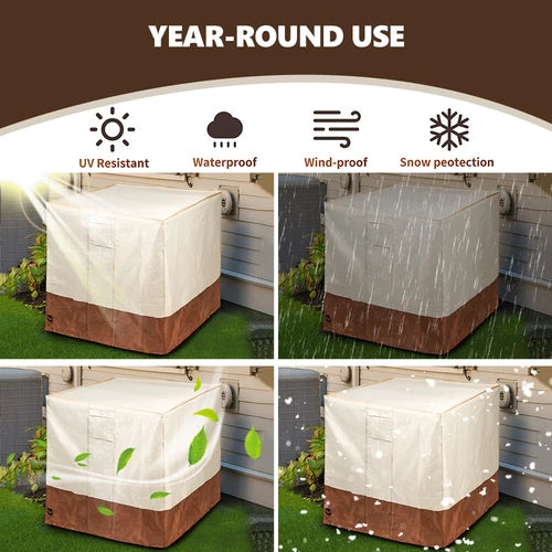 Air Conditioner Cover for Outside Units, Heavy Duty 210D Oxford Durable Waterproof UV-resistant Central Unit AC Cover with Drawstring, Air Vents&Velcro Edge Design-Fits up to 35"Lx35"Wx31"H -Beige