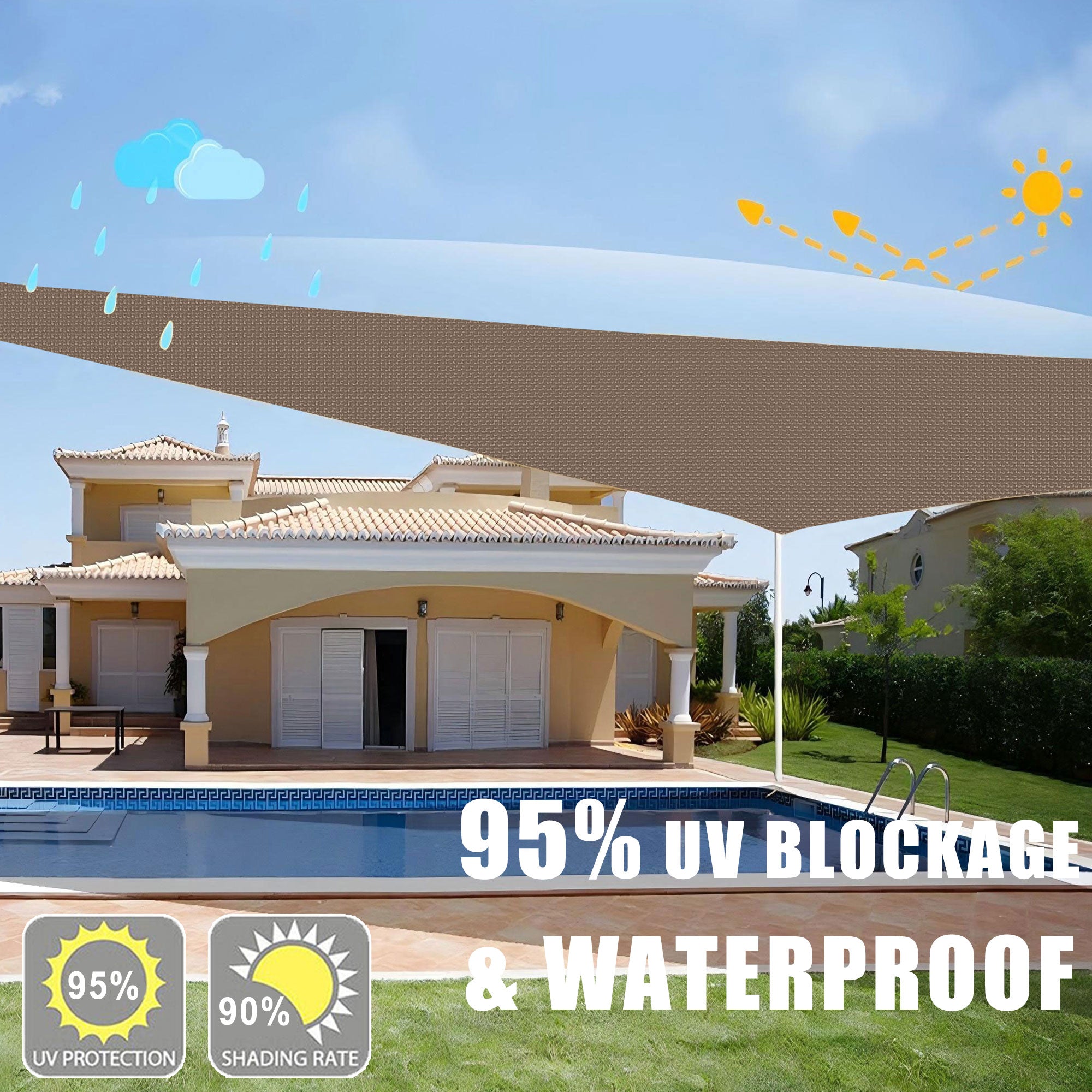 8' x 8' x 8' Triangle Waterproof Sun Shade Sail, Sail Shades Canopy Cloth Shelter Cover, 95% UV Blockage & Water Resistant, Sunshade Awning Canopies Outdoor for Patio Garden Backyard Deck -Brown