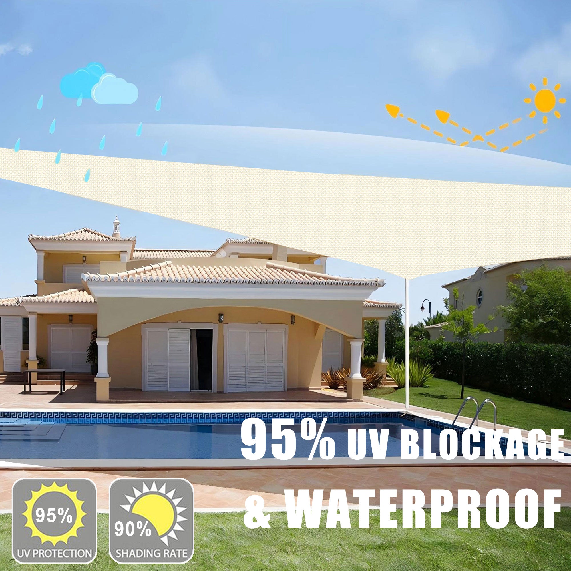 12' x 12' x 12' Triangle Waterproof Sun Shade Sail, Sail Shades Canopy Cloth Shelter Cover, 95% UV Blockage & Water Resistant, Sunshade Awning Canopies Outdoor for Patio Garden Backyard Deck -Cream