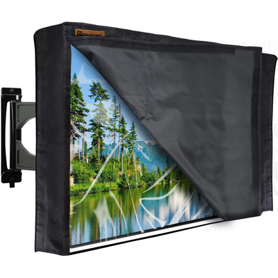 IC ICLOVER Outdoor TV Cover | 600D Heavy Duty | 4 Season Weatherproof Television Protector with Built-in Clear Front Film & Full Covered Bottom for LED, LCD, Plasma TV Screens (Black)