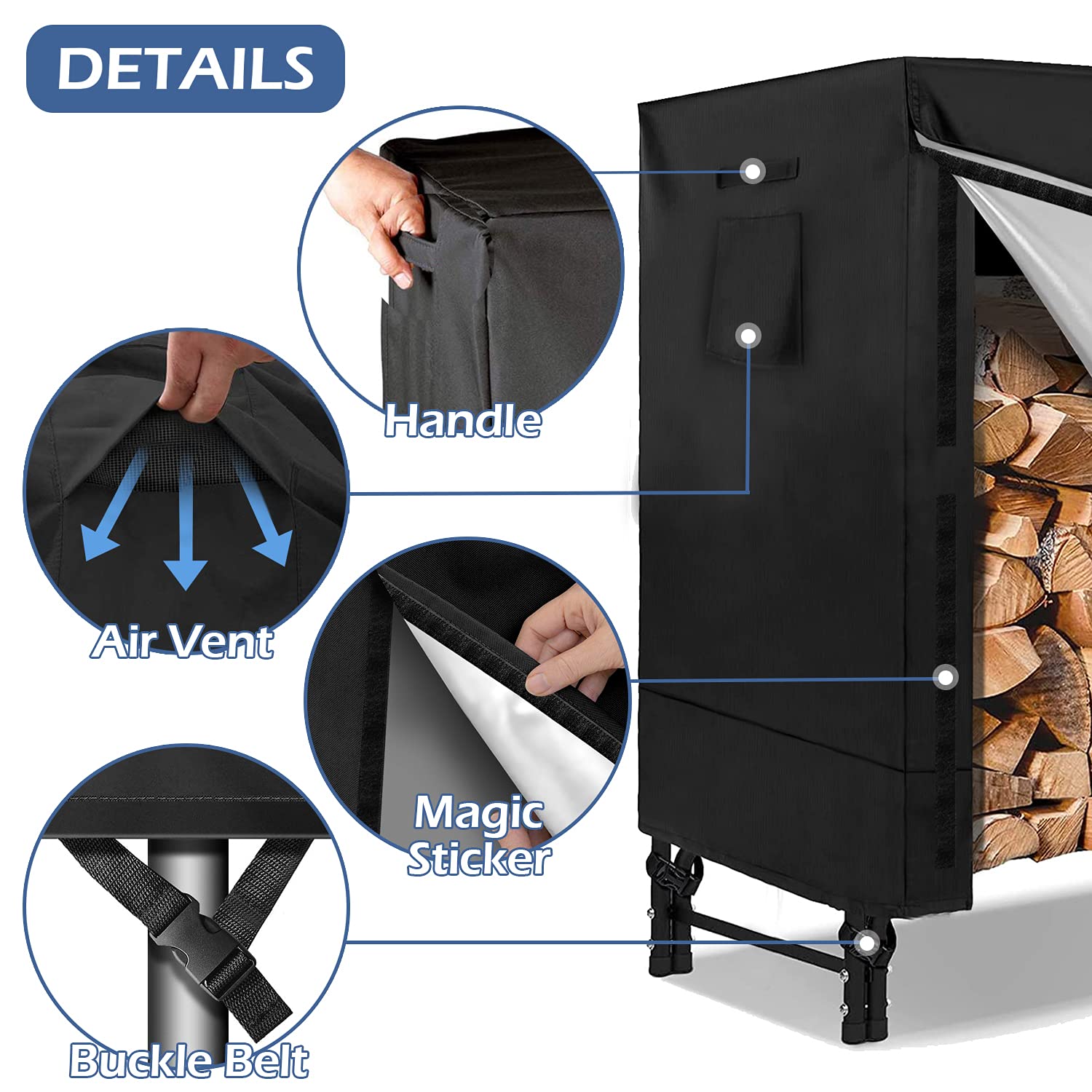 IC ICLOVER 4FT Firewood Log Rack Cover | 420D Heavy Duty Fabric | Outdoor Waterproof Fireplace Logs Holder Covering | Hook Loop Tape | Air Vents All Weather Protection