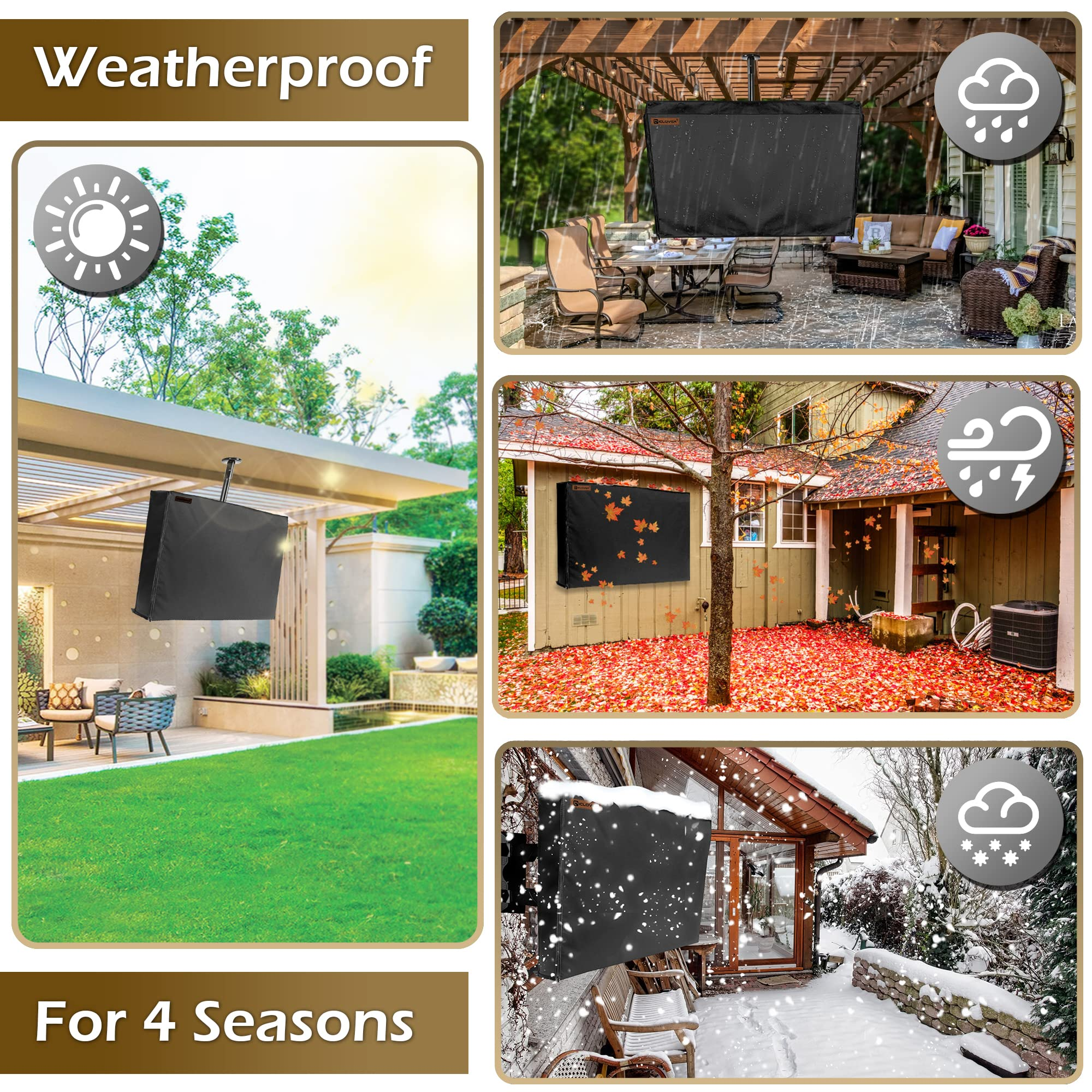 Outdoor TV Cover - Black Weatherproof TV Screen Protector with Zipper & Remote Control Pocket