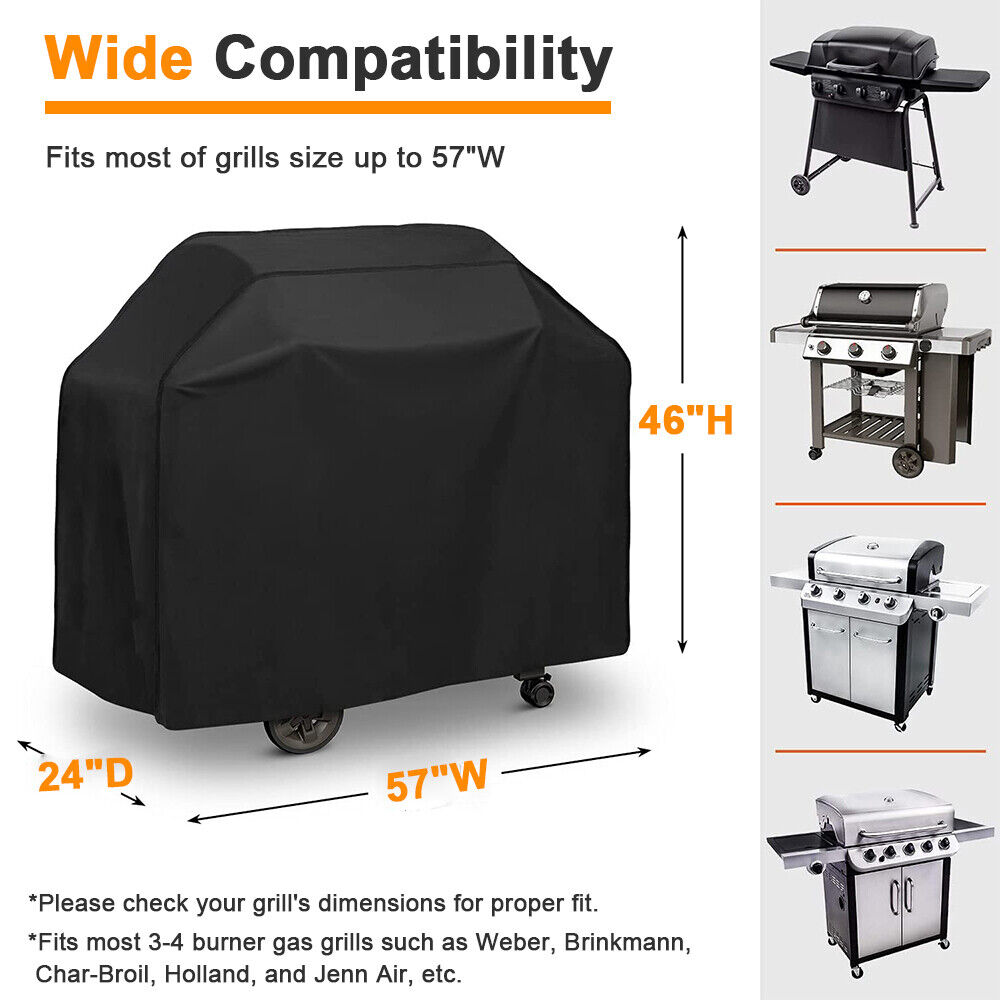 Grill Cover | BBQ Grill Cover | Waterproof | Weather Resistant | Rip-Proof | Anti-UV |  Fade Resistant | with Adjustable Velcro Strap | Gas Grill Cover for Weber | Char Broil | Nexgrill Grills | 57 inch (Black)
