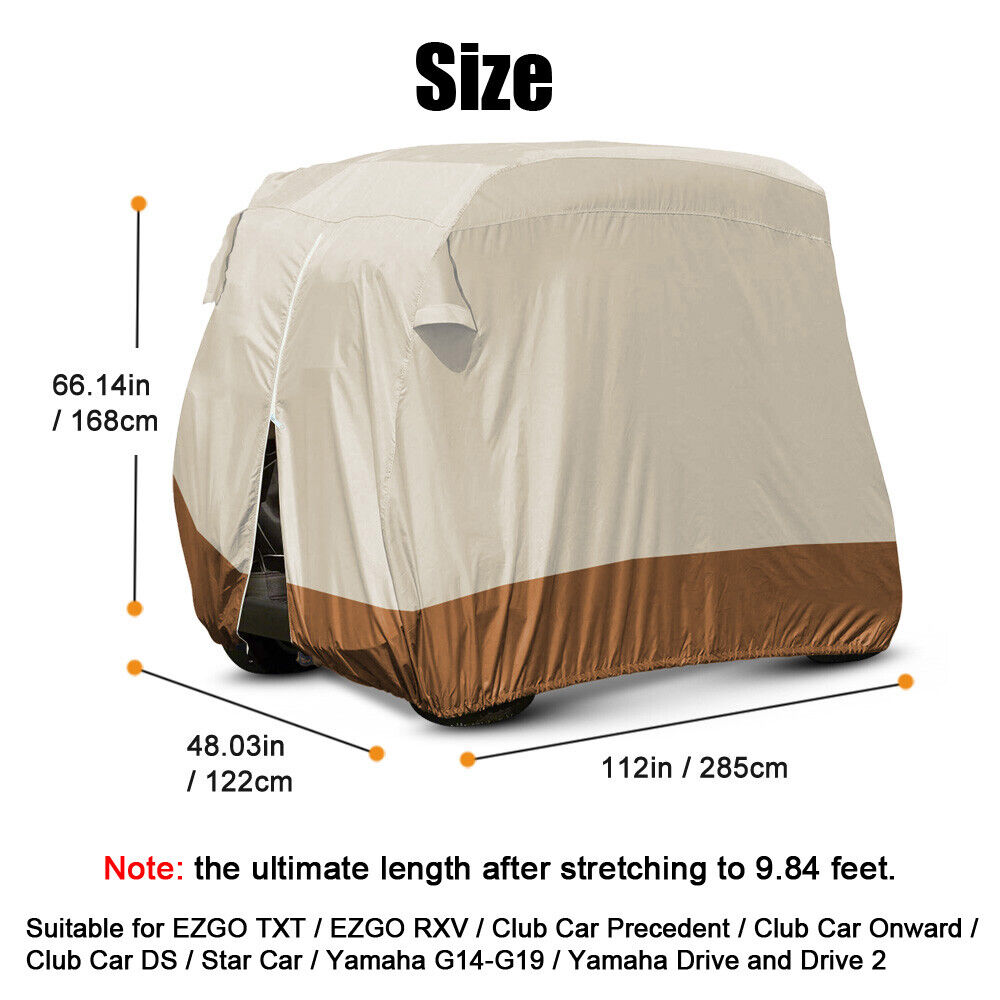 Golf Cart Cover | Waterproof Snowproof Golf Club Cover for 4 Passenger Seat Fit EZ GO | Club Car Precedent | Yamaha Drive Easy-On Golf Carts Cover with Rear Zipper Up to 112 Inch